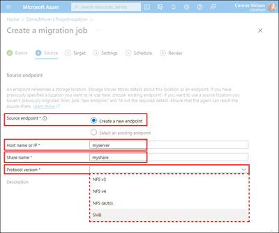 Screen capture of the Source tab illustrating the location of the New Source Endpoint fields.