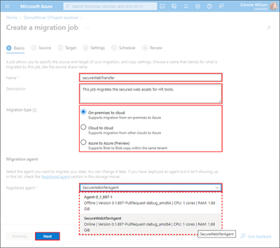 Screen capture of the migration job's Basics tab, showing the location of the data fields.