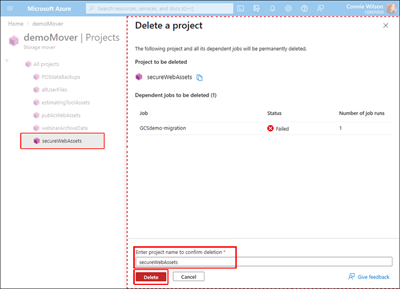 Screenshot showing the steps to confirm deletion of a project resource from within the Projects page.