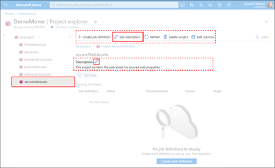 Screenshot of the Project properties tab within the Azure portal. It illustrates the location of the Edit controls.