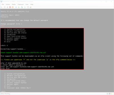 Screen capture of the agent menu showing the results of the Collect Support Bundle command.