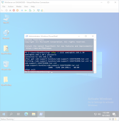 Screen capture of the support bundle being downloaded to the host machine.
