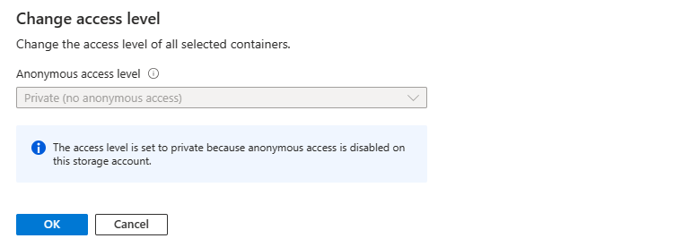 Screenshot of a container's anonymous access level setting blocked when anonymous access is disallowed for the account.