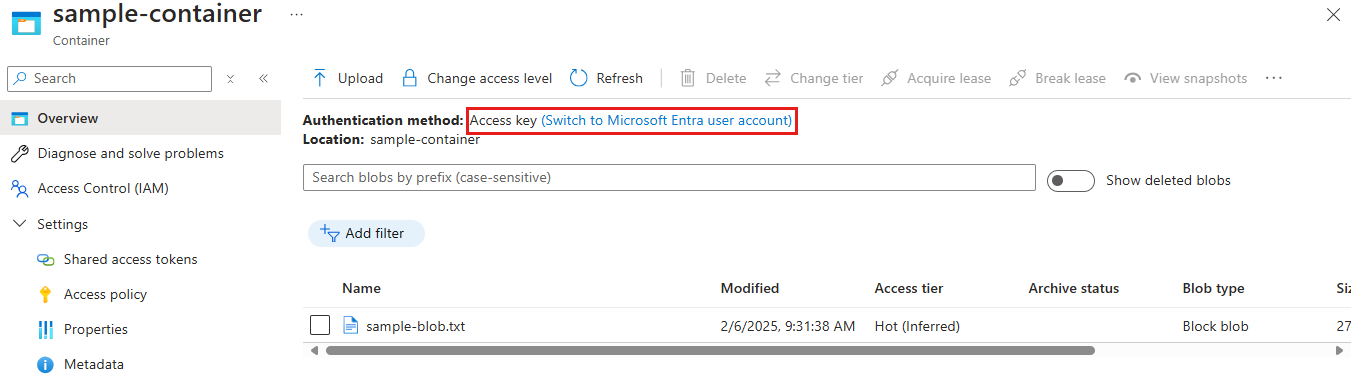 Screenshot of user currently accessing containers with the account key.