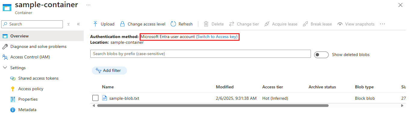 Screenshot of user currently accessing containers with Microsoft Entra account.