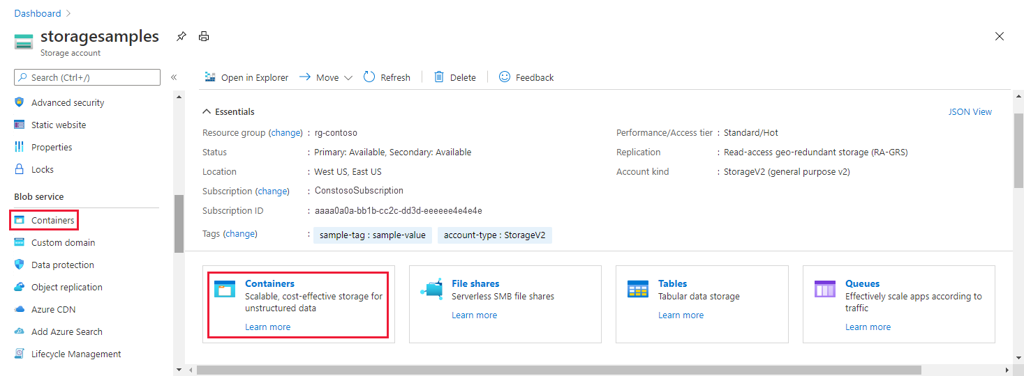 Screenshot of how to navigate to blob data in the Azure portal.