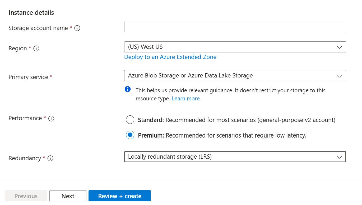 Screenshot of the Premium and Standard performance options on the Basics tab of the Create a storage account page in the Azure portal.