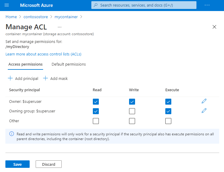 Screenshot showing the Access permissions tab of the Manage ACL page.