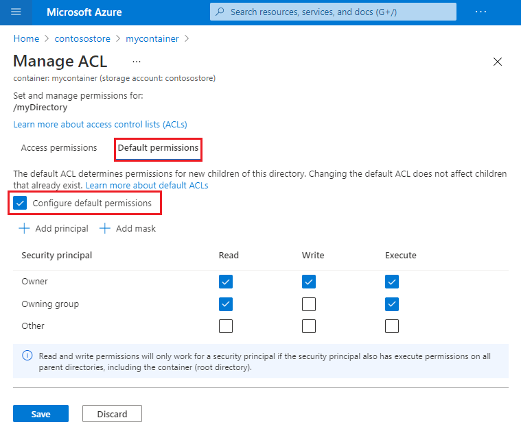 Screenshot showing the Default permissions tab of the Manage ACL page.