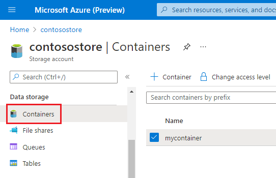Screenshot showing storage account containers listed in the Azure portal.