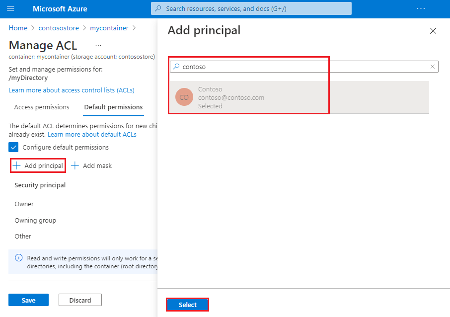Screenshot showing the search box for finding and adding a security principal.