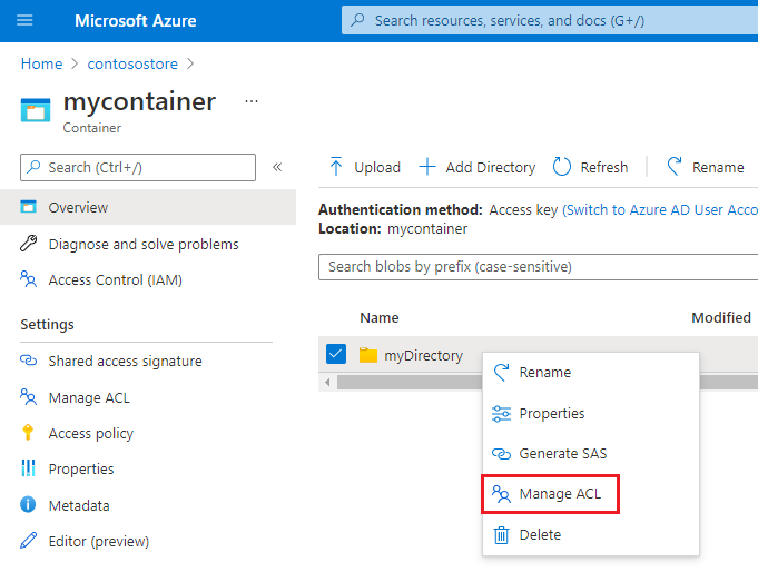 Screenshot showing the right-click context menu with the Manage ACL option.