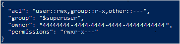 Screenshot of the console output showing the ACL of a directory in Azure Data Lake Storage.