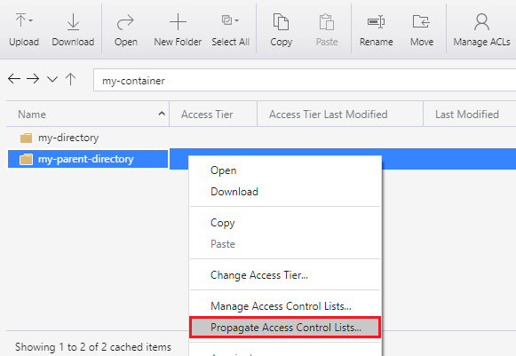 Screenshot of the right-click context menu in Azure Storage Explorer showing the Propagate Access Control Lists option for a directory.