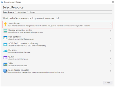 Screenshot that shows the Microsoft Azure Storage Explorer - Select Resource pane.