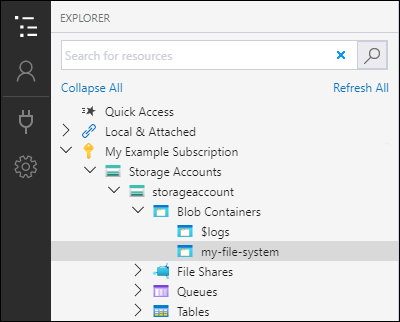 Screenshot of Azure Storage Explorer showing a newly created container listed under the Blob Containers folder.