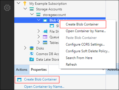 Screenshot of Azure Storage Explorer showing the Blob Containers context menu with Create Blob Container option selected.