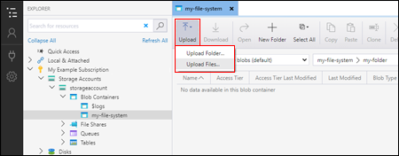 Screenshot of Azure Storage Explorer displaying the upload options for selecting a file or folder to upload to a directory.
