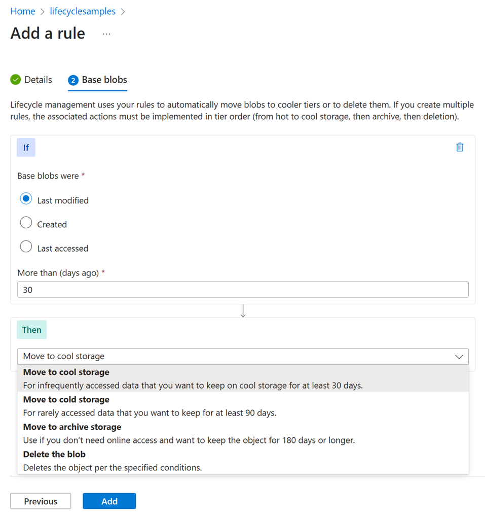 Screenshot of the lifecycle management base blobs page in the Azure portal.