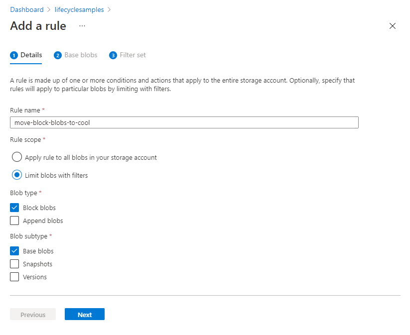 Screenshot of the lifecycle management add a rule details page in the Azure portal.