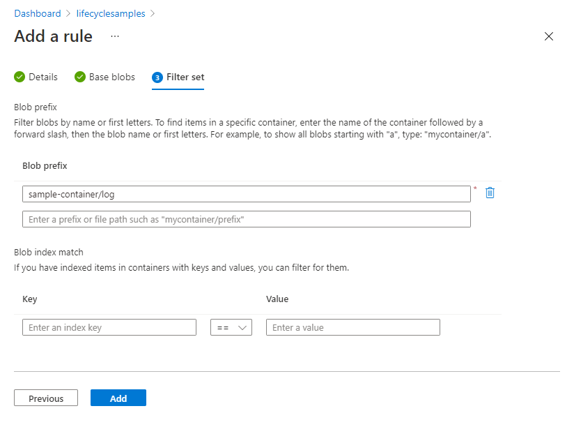 Screenshot of the lifecycle management filter set page in the Azure portal.