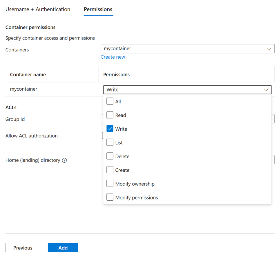Screenshot of the SFTP local user Permissions tab for selecting container access.