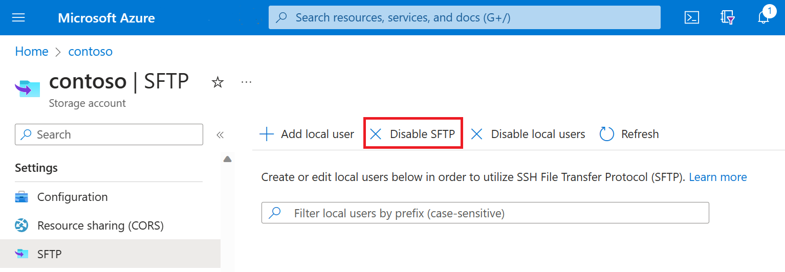 Screenshot of the Disable SFTP option in the Azure portal SFTP settings pane.