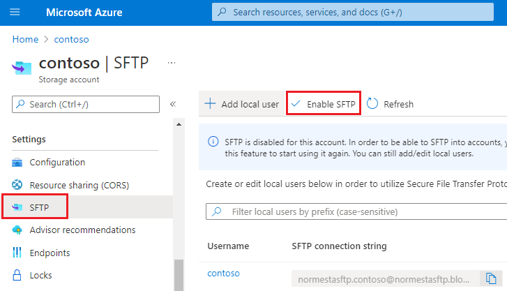 Screenshot of the Enable SFTP option in the Azure portal SFTP settings pane.
