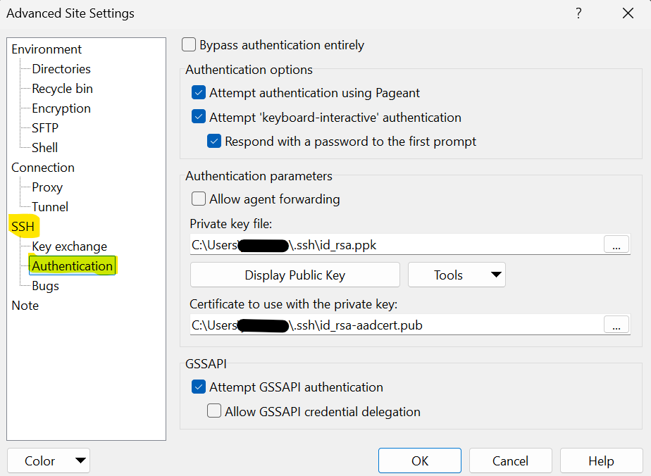 Screenshot of the authentication settings with private key and certificate fields.