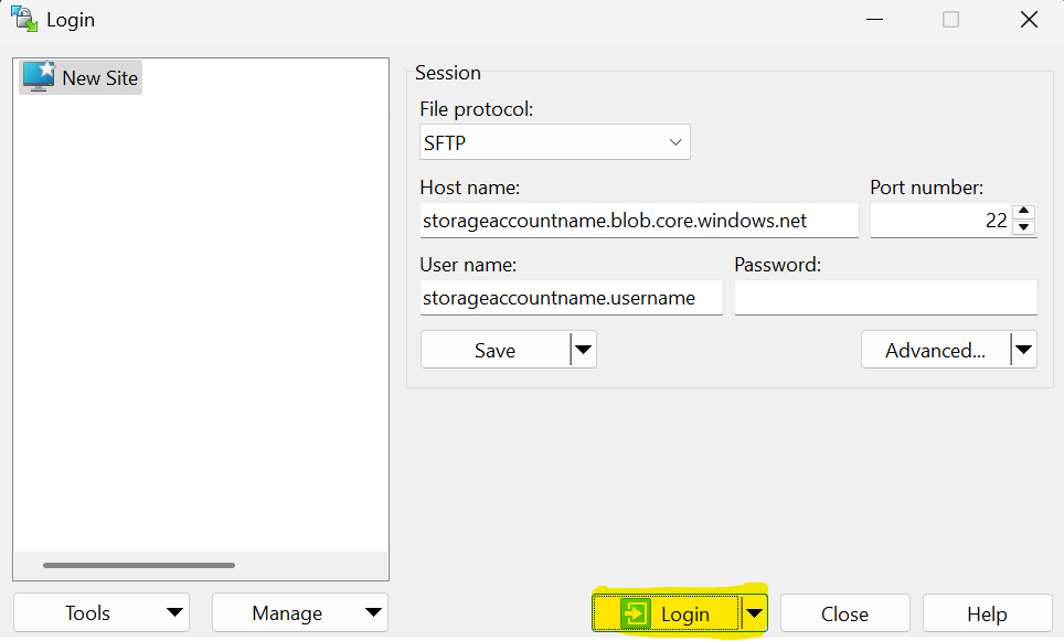 Screenshot of the WinSCP login button.