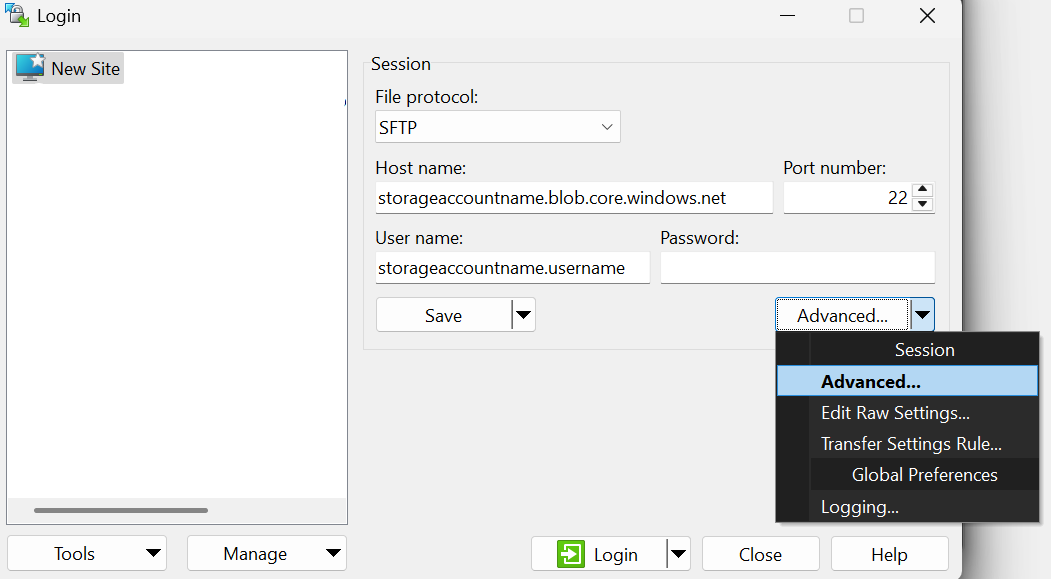 Screenshot of the WinSCP login window with the Advanced option.