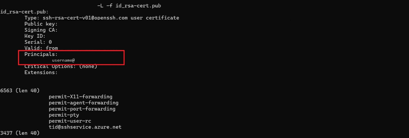Screenshot of the principals section in the certificate output.