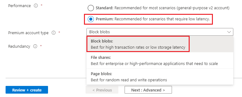 Screenshot of the Create storage account page with Premium performance and Block blobs account type selected.