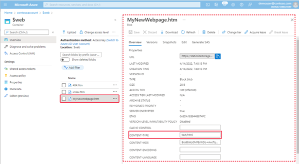 Screenshot showing the content type property for an uploaded blob.