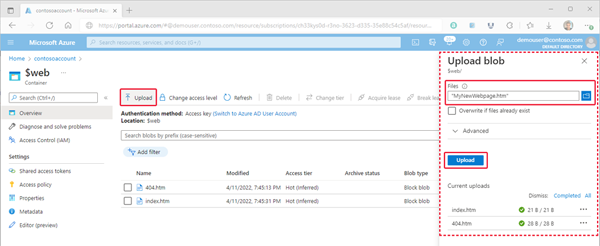 Screenshot showing file selection in the Upload blob pane.