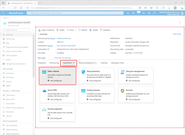 Screenshot showing the Static website configuration page in the Azure portal.