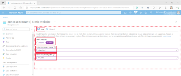 Screenshot showing the index and error document settings for a static website.
