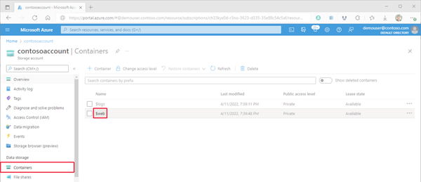 Screenshot showing the $web container in the Azure portal.