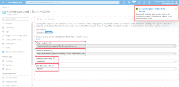 Screenshot showing static website endpoints and configuration properties.