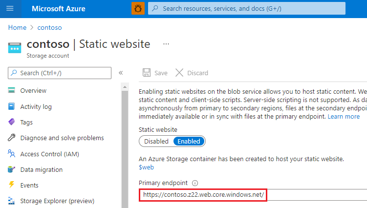 Screenshot showing the primary endpoint URL for an Azure Storage static website.