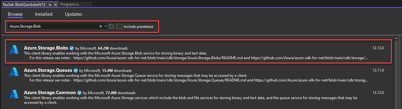 Screenshot of installing a NuGet package in Visual Studio.