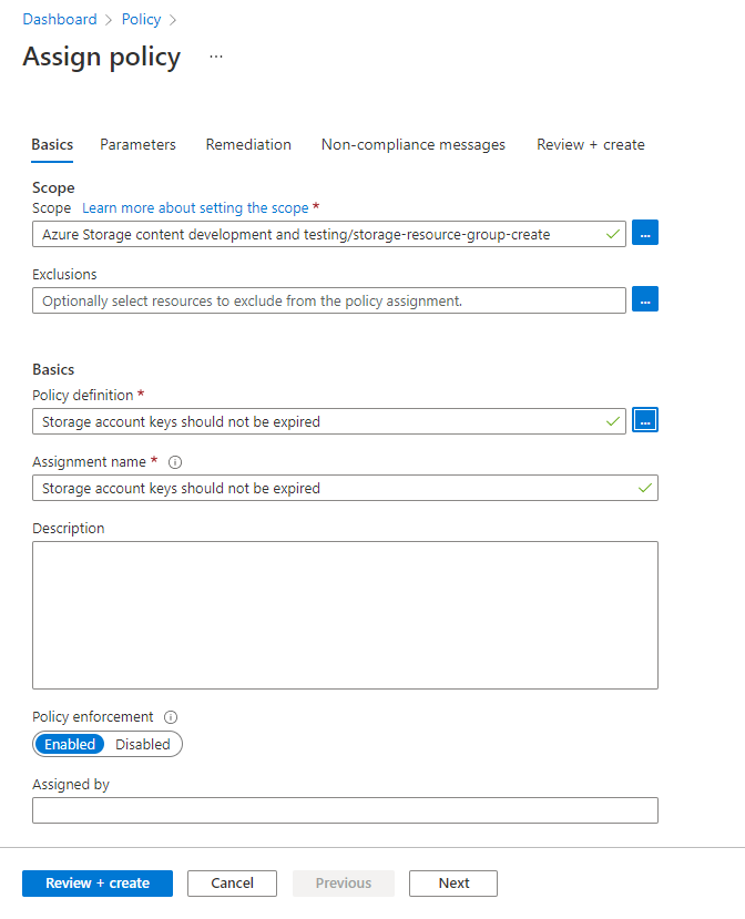 Screenshot of how to create the policy assignment for storage account key expiration.