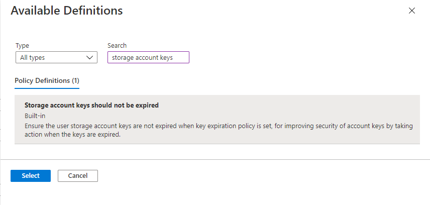 Screenshot of how to select the built-in policy to monitor key rotation intervals for your storage accounts.