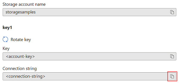 Screenshot of how to view storage account access keys in the Azure portal.