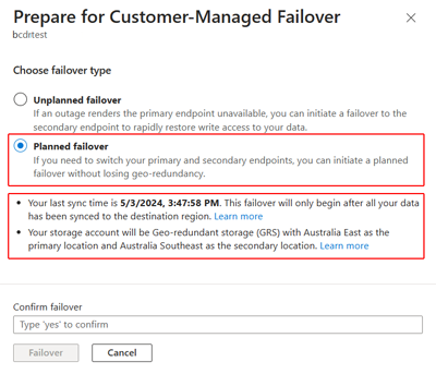 Screenshot showing the planned failover option selected on the Prepare for failover window.