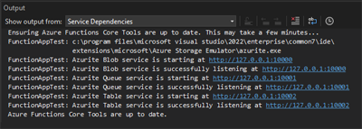 A screenshot showing output after setting Azurite to be the runtime storage account for an Azure Functions project.