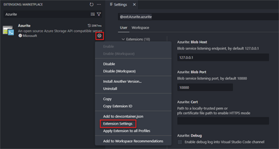 A screenshot showing how to modify the Azurite extension settings.