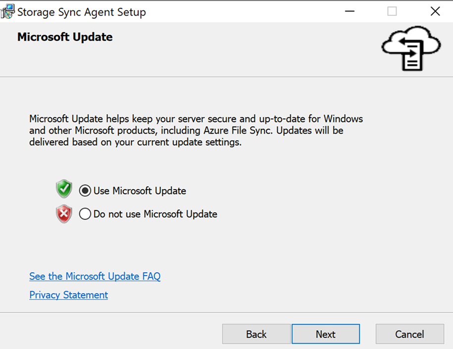 Screenshot of the option to use Microsoft Update in the File Sync Agent Setup Wizard.