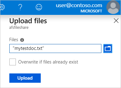Screenshot showing how to browse and upload a file to the new classic file share using the Azure portal.