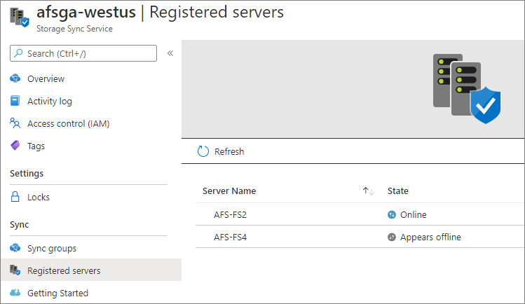Screenshot showing the registered servers page with server name and state.